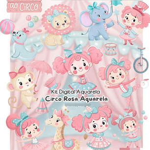 Kit Digital Circo Rosa Aquarela Arquivo em Png 