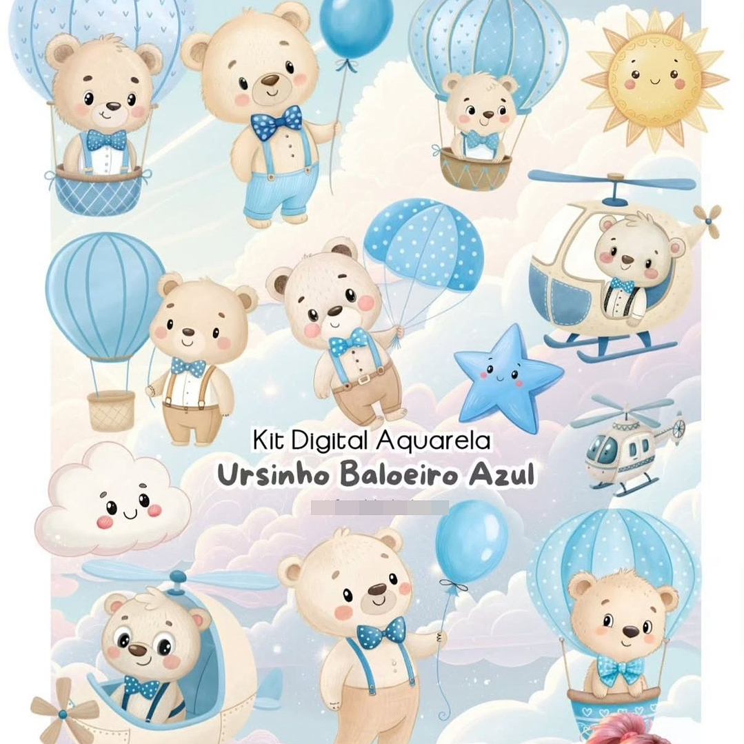 Kit Digital Ursinho Baloeiro Aquarela Arquivo em Png  1