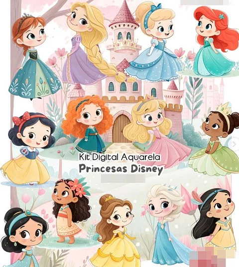 Kit Digital Princesas da Disney Aquarela Arquivo em Png