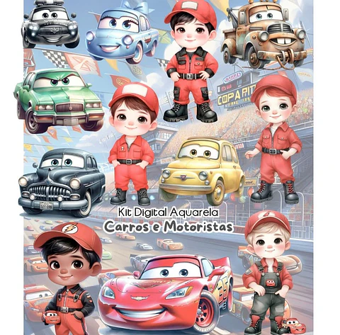 Kit Digital Carros da Disney Aquarela Arquivo em Png