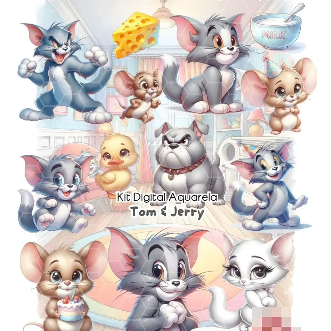 Kit Digital Tom e Jerry Aquarela Arquivo em Png 1