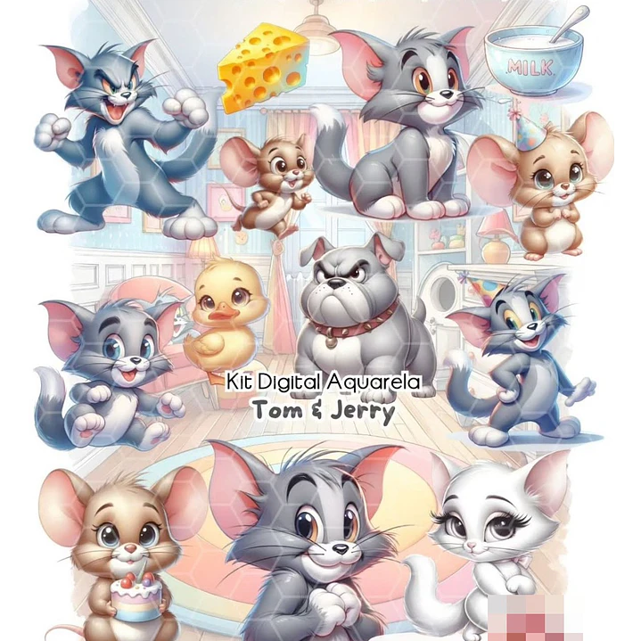 Kit Digital Tom e Jerry Aquarela Arquivo em Png 1