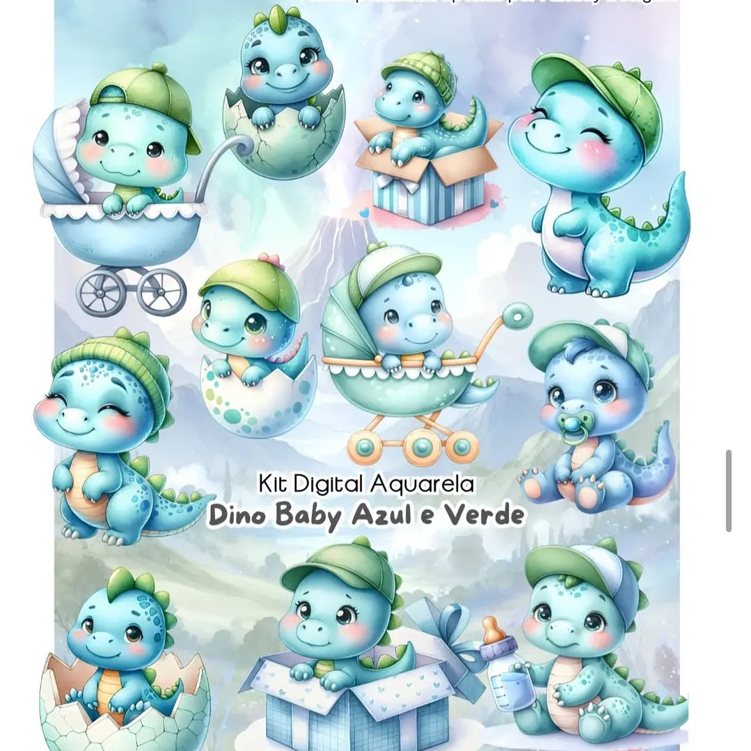 Kit Digital Dino Baby Aquarela Arquivo em Png  1