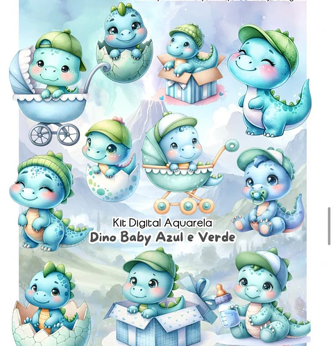 Kit Digital Dino Baby Aquarela Arquivo em Png 