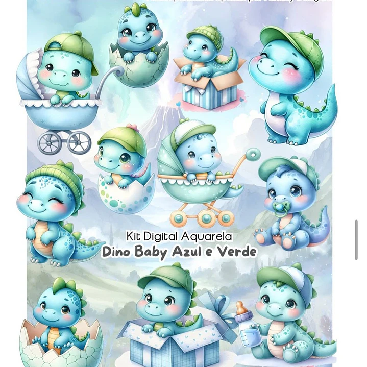 Kit Digital Dino Baby Aquarela Arquivo em Png  1
