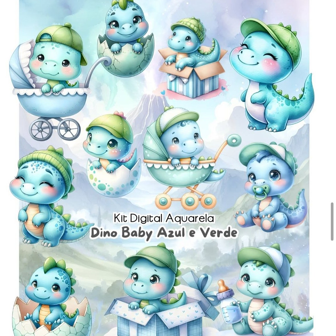 Kit Digital Dino Baby Aquarela Arquivo em Png  1