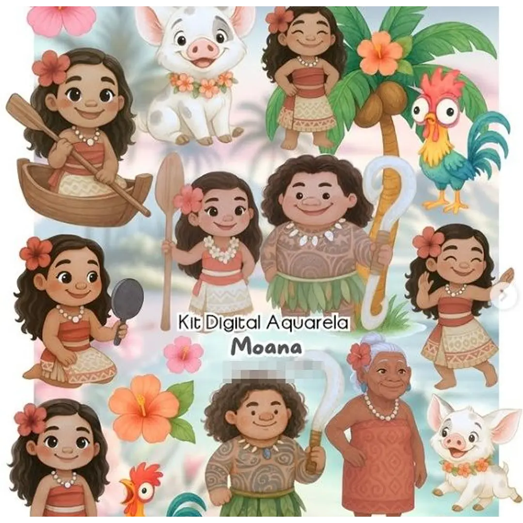 Kit Digital Moana Aquarela em Png 1