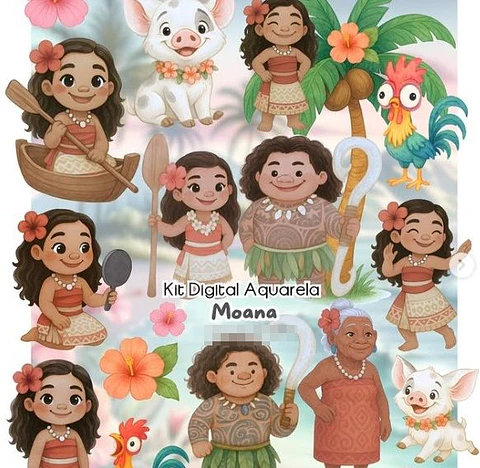 Kit Digital Moana Aquarela em Png
