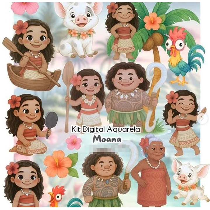 Kit Digital Moana Aquarela em Png 1