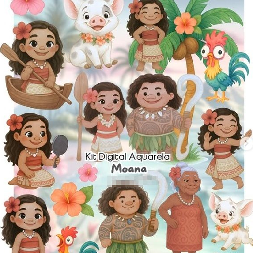 Kit Digital Moana Aquarela em Png 1