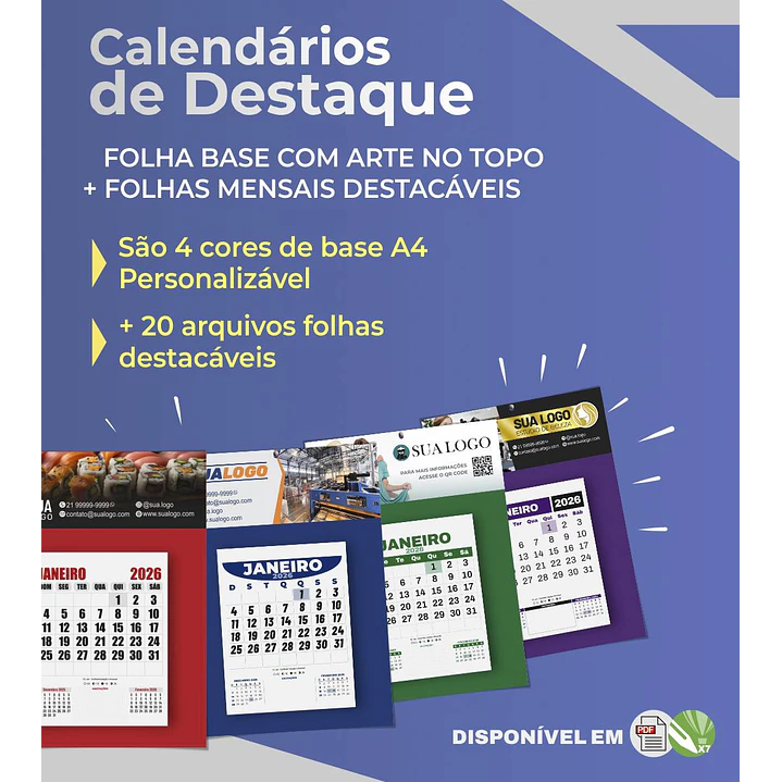 Calendário 2026 Arquivos Editáveis Diversos Modelos PDF e Corel Draw 4
