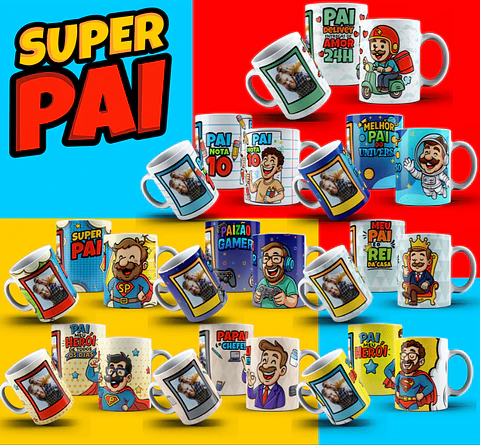 106 Artes para Caneca, azulejo, almofada, e Camisa Dia dos Pais Cartoon + Kit Digital em Jpg