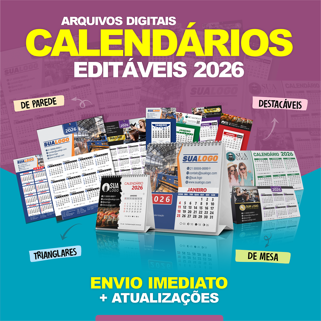 Calendário 2026 Arquivos Editáveis Diversos Modelos PDF e Corel Draw 1
