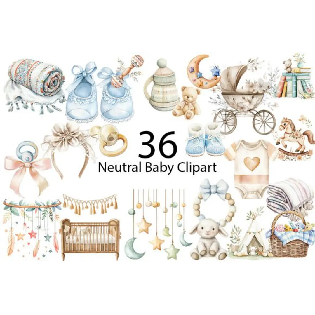 Kit Digital Baby Boho e Neutro Aquarela em Png  2