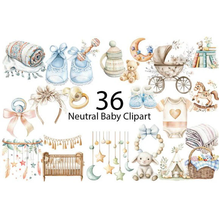 Kit Digital Baby Boho e Neutro Aquarela em Png  2