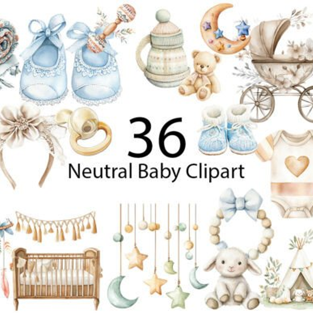 Kit Digital Baby Boho e Neutro Aquarela em Png  2