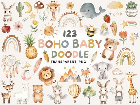 Kit Digital Baby Boho e Neutro Aquarela em Png 