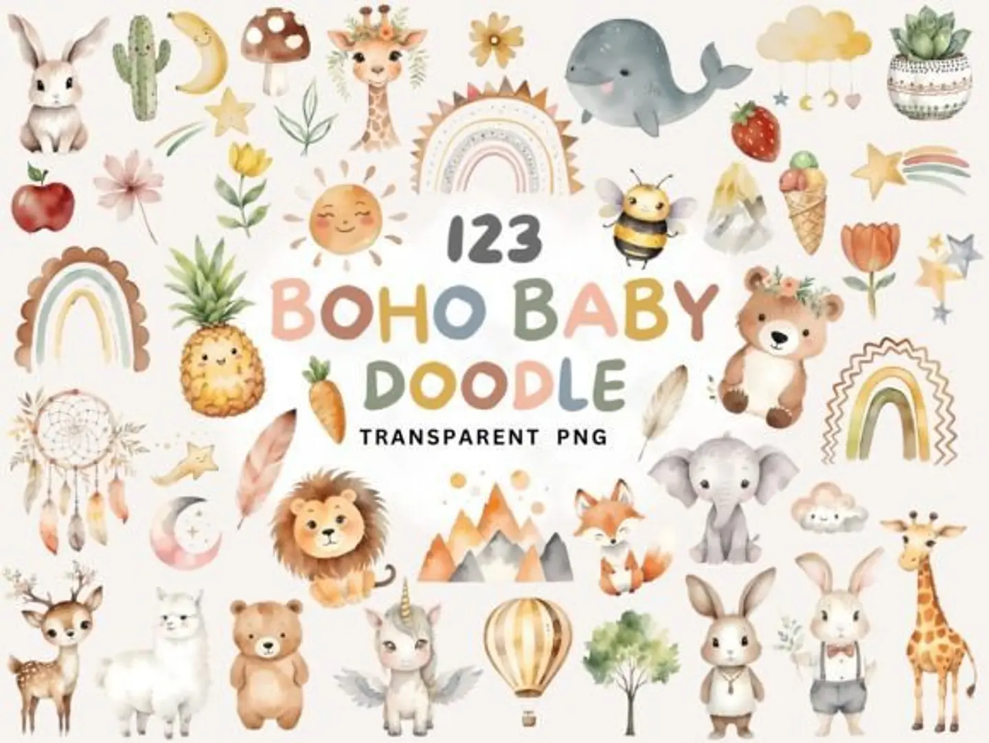 Kit Digital Baby Boho e Neutro Aquarela em Png  1