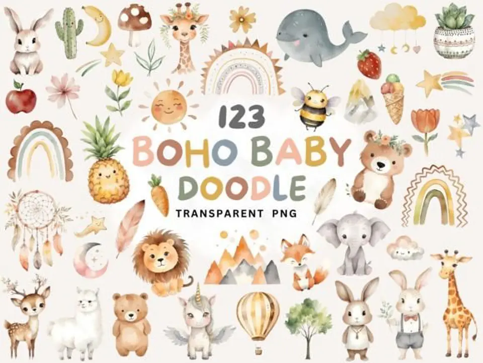 Kit Digital Baby Boho e Neutro Aquarela em Png  1
