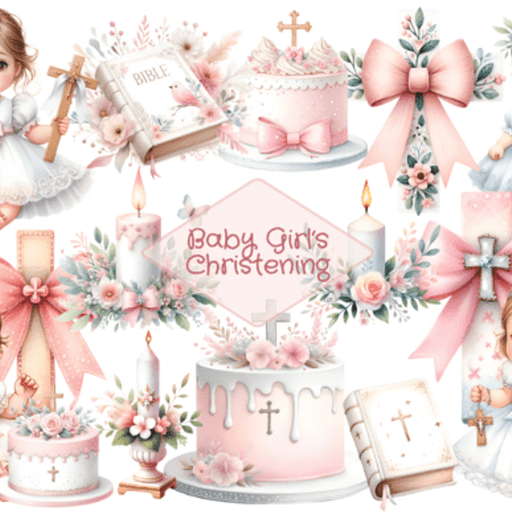 Kit Digital Batizado Menina Aquarela em Png  1