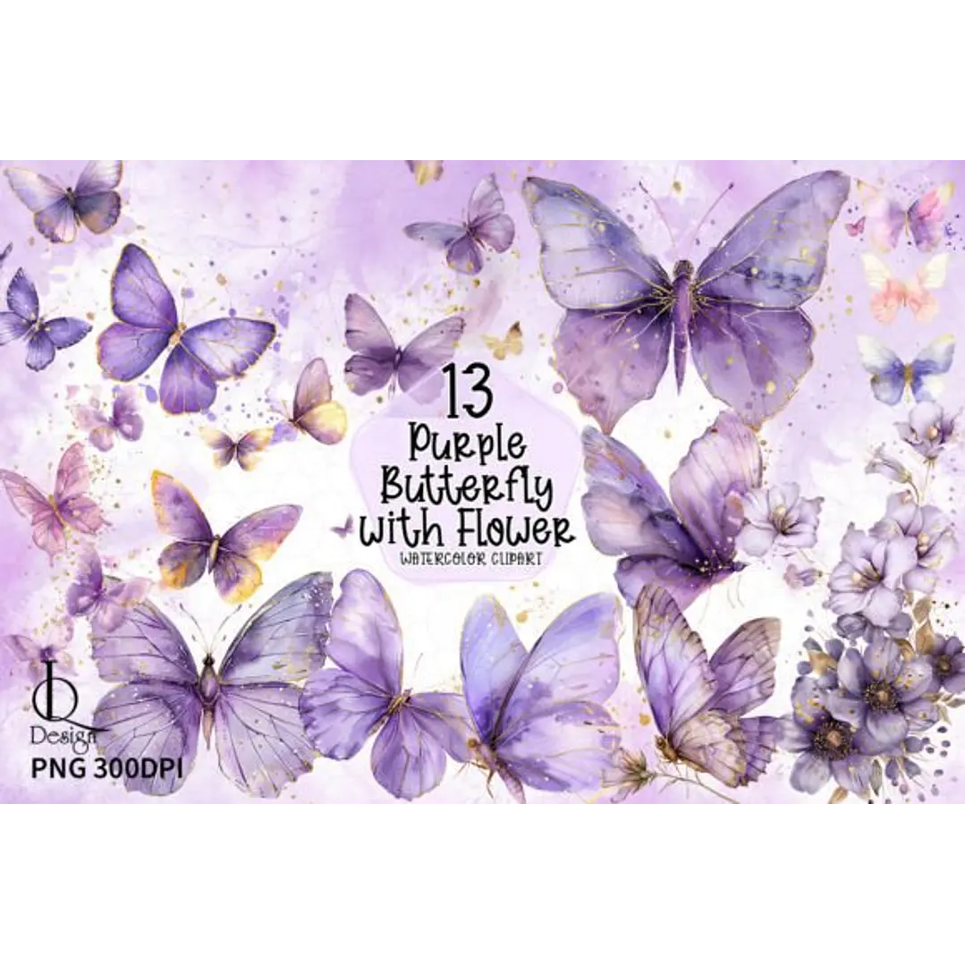 Kit Digital Borboleta Lilás Aquarela em Png 1