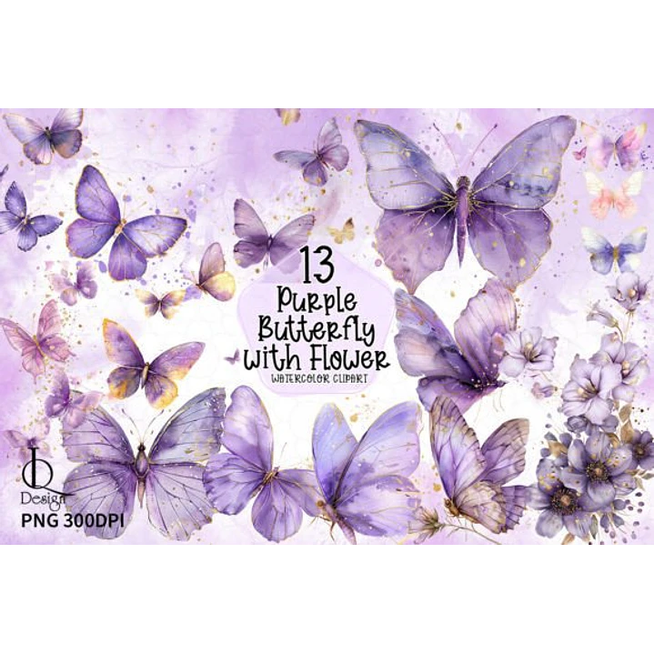 Kit Digital Borboleta Lilás Aquarela em Png 1