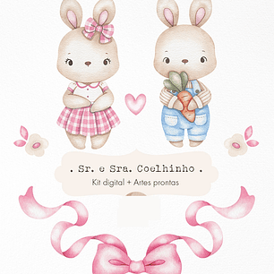 Kit Digital Senhor e Senhora Coelho Azul e Rosa em Png