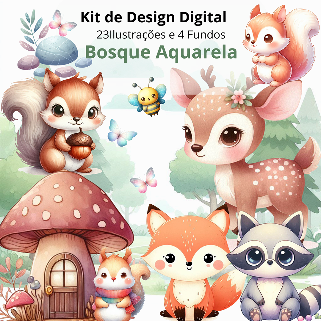Kit Digital Bosque Aquarela em Png 1