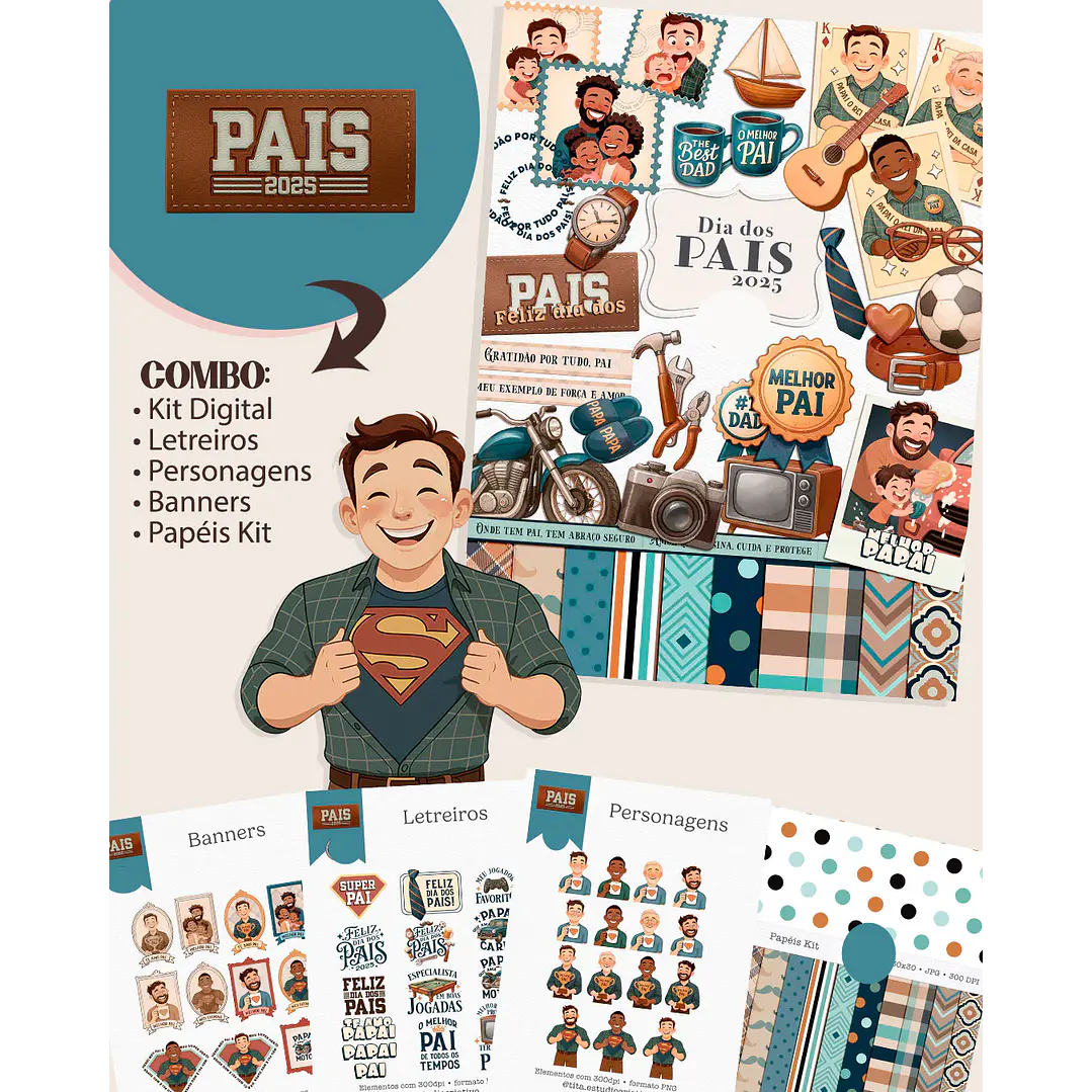 Kit Digital Dia dos Pais Aquarela em Png  1