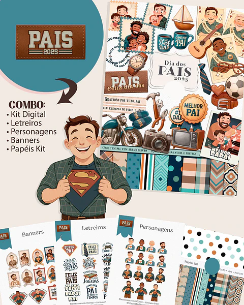 Kit Digital Dia dos Pais Aquarela em Png 