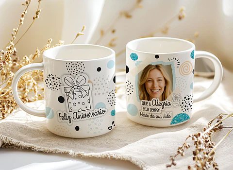4 Artes para Caneca Feliz Aniversário Arquivo Editável  