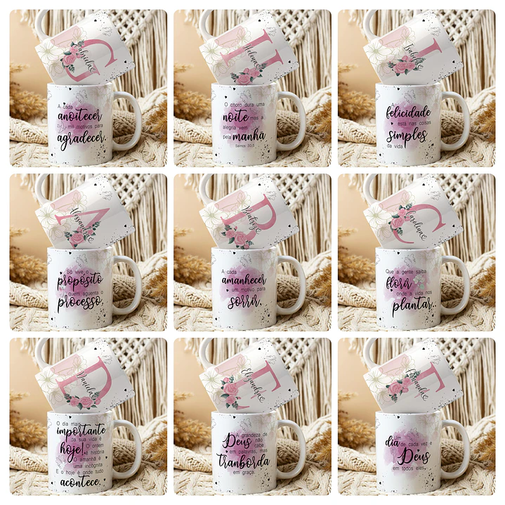 26 Artes para Caneca Alfabeto Frases Floral Arquivo Editável  3
