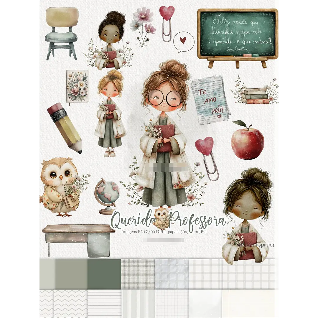 Kit Digital Querida Professora Aquarela em Png 1