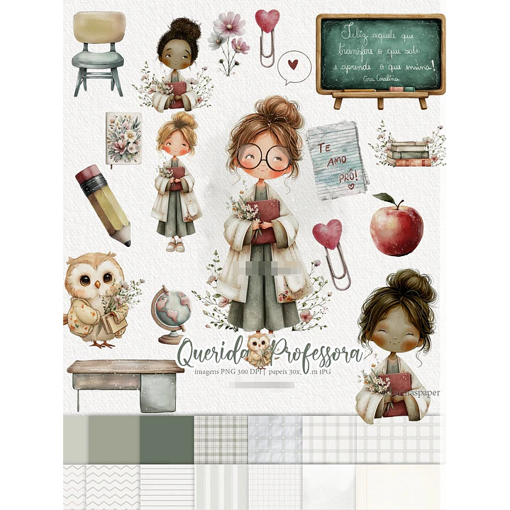 Kit Digital Querida Professora Aquarela em Png 1