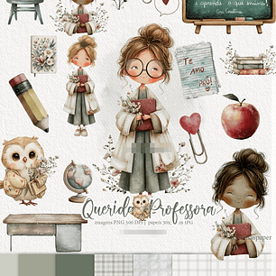 Kit Digital Querida Professora Aquarela em Png
