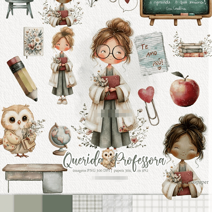 Kit Digital Querida Professora Aquarela em Png 1