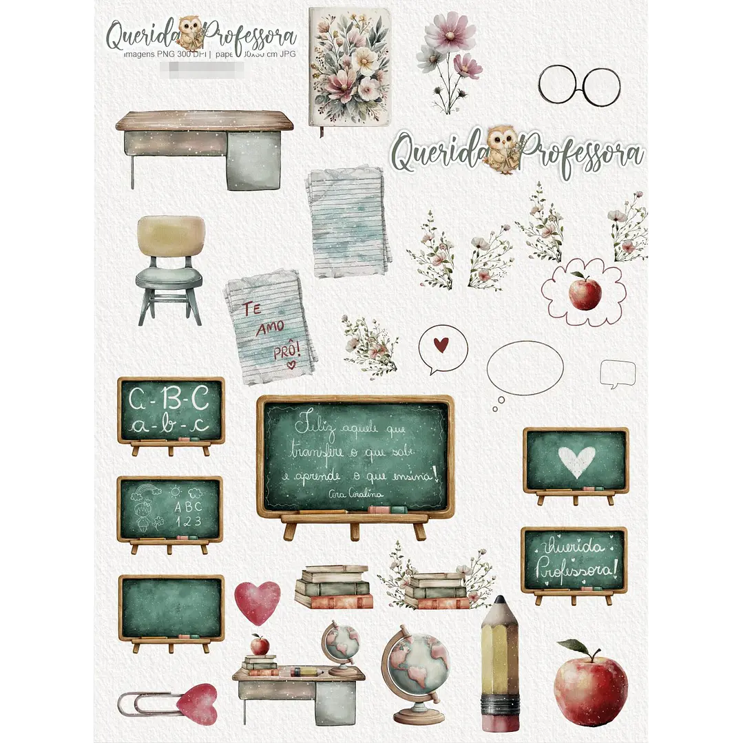 Kit Digital Querida Professora Aquarela em Png 4