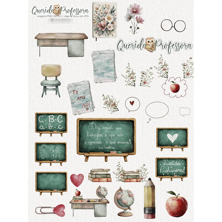 Kit Digital Querida Professora Aquarela em Png 4