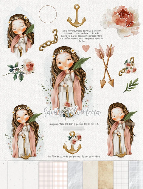 Kit Digital Santa Filomena Aquarela em Png 