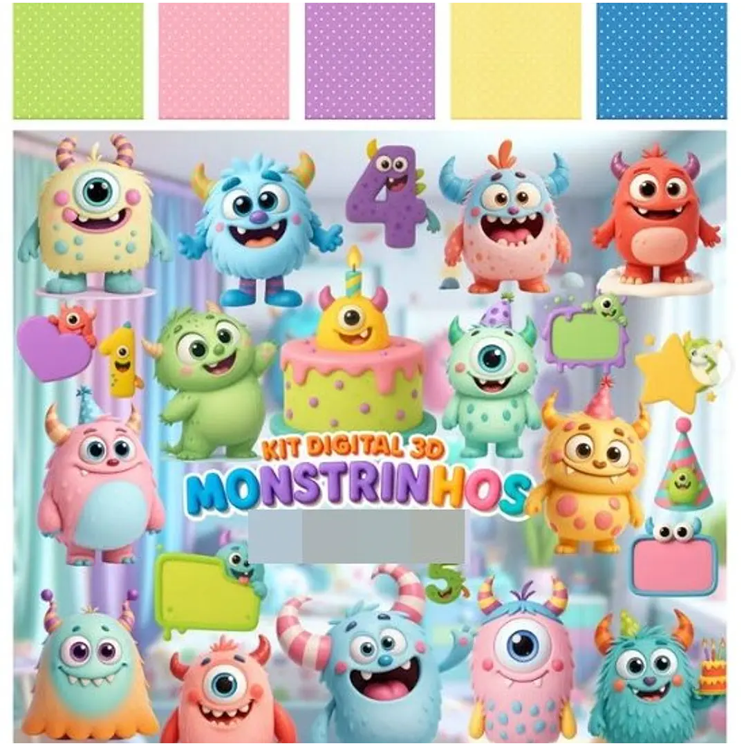 Kit Digital Monstrinhos Fofos 3D em Png  1