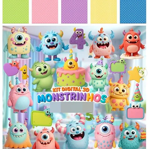 Kit Digital Monstrinhos Fofos 3D em Png 