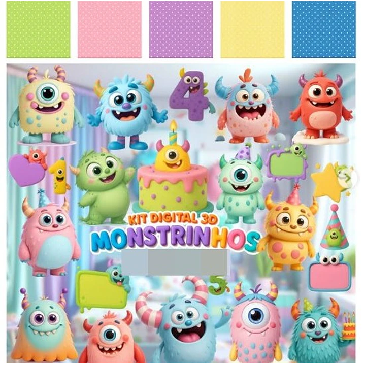Kit Digital Monstrinhos Fofos 3D em Png  1