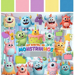 Kit Digital Monstrinhos Fofos 3D em Png 