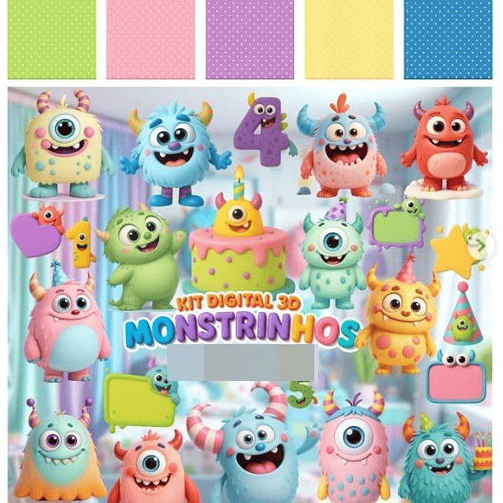 Kit Digital Monstrinhos Fofos 3D em Png  1