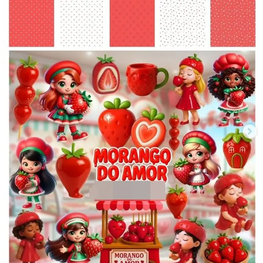 Kit Digital Morango Do Amor 3D em Png  1