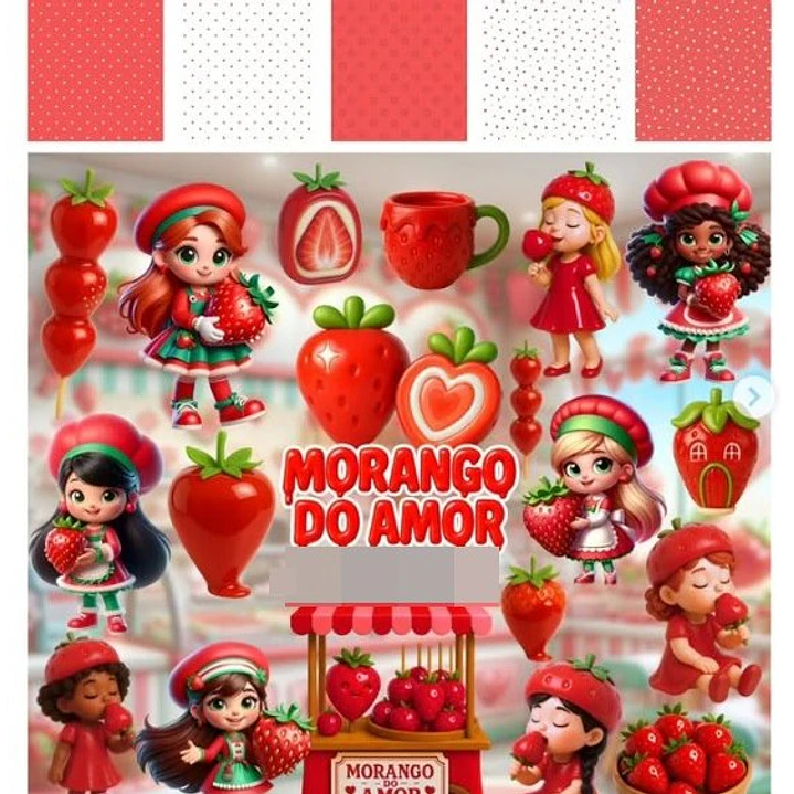 Kit Digital Morango Do Amor 3D em Png  1