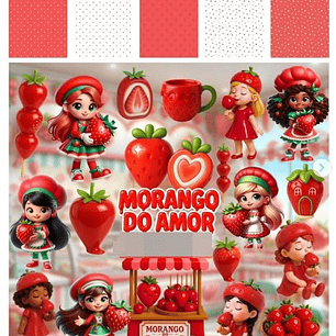 Kit Digital Morango Do Amor 3D em Png 