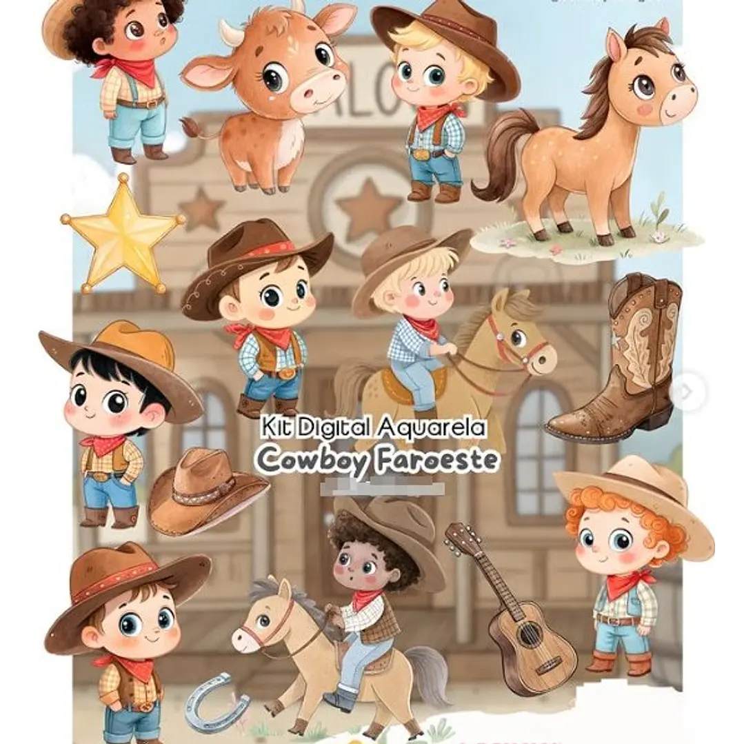Kit Digital Cowboy Faroeste Aquarela em Png  1
