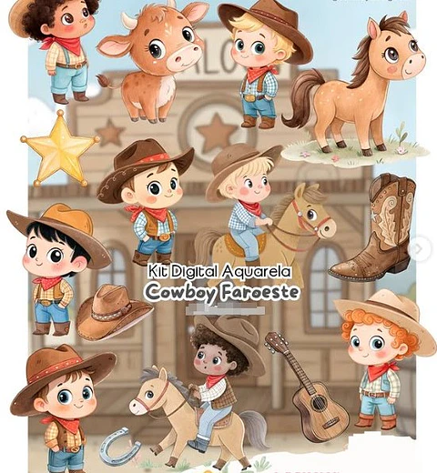 Kit Digital Cowboy Faroeste Aquarela em Png 