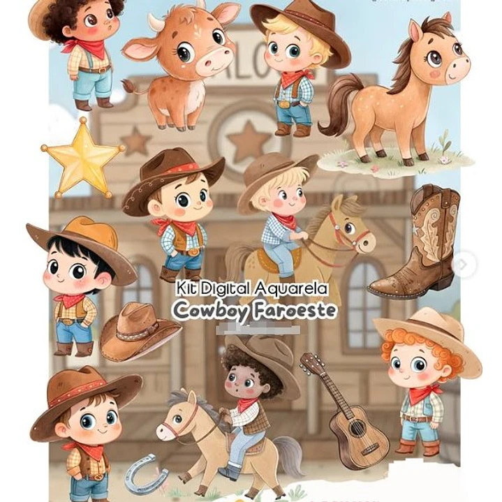 Kit Digital Cowboy Faroeste Aquarela em Png  1